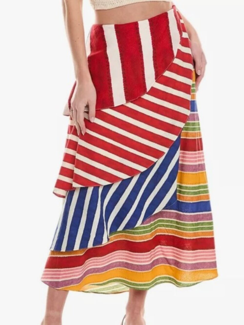 NWT FARM Rio Amazing Stripes Frilled Asymmetrical Tiered midi skirt size S